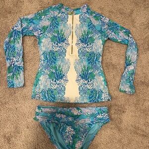 Lilly Pulitzer Blue and Green Rash Guard Bikini Set